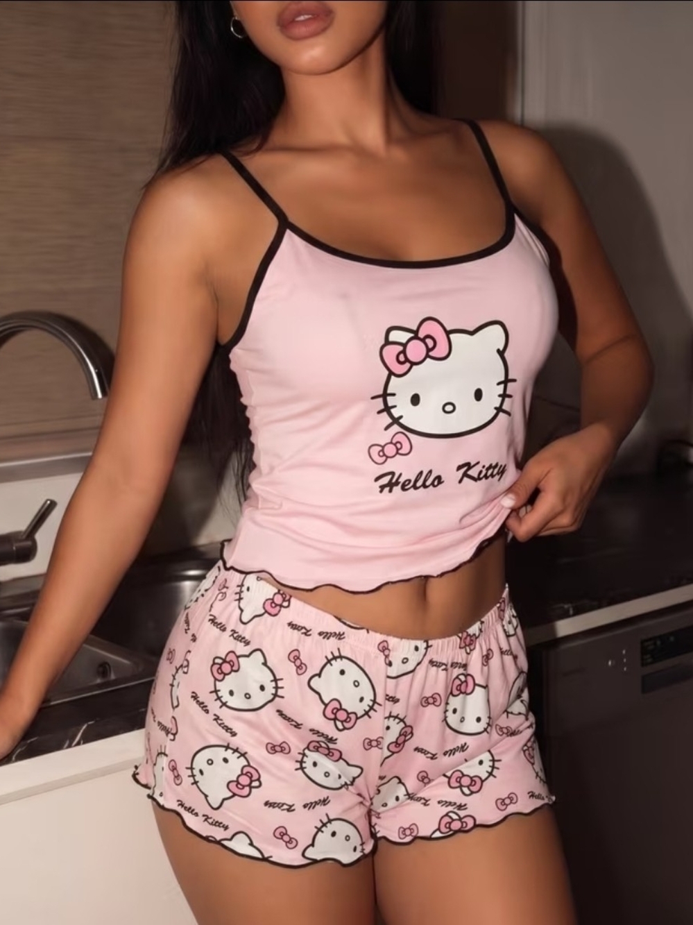 Hello Kitty Y2k Pink & Black Trim Cami and Shorts Sleep Set New